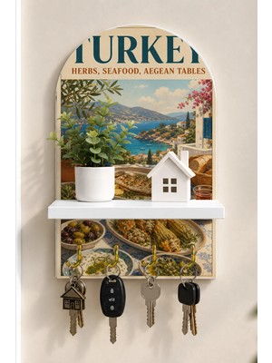 Soprano Ege Manzarasında Türk Sofrası Temalı Raflı 4 Kancalı Duvar Anahtarlığı, 35 x 20 Cm, Mdf