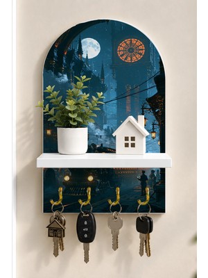 Onyx Lab Onyxlab Gece Buharlı Treni Temalı Raflı 4 Kancalı Duvar Anahtarlığı, 35 x 20 Cm, Mdf