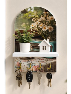 Soprano Çiçekler ve Retro Radyo Temalı Raflı 4 Kancalı Duvar Anahtarlığı, 35 x 20 Cm, Mdf