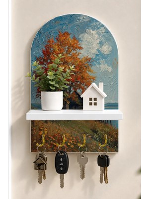 Soprano Turuncu Yapraklı Kır Ağacı Temalı Raflı 4 Kancalı Duvar Anahtarlığı, 35 x 20 Cm, Mdf