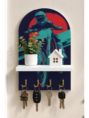 Soprano Turkuaz Motokros Sürücüsü Temalı Raflı 4 Kancalı Duvar Anahtarlığı, 35 x 20 Cm, Mdf