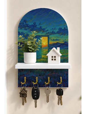 Soprano Yıldızlı Gökte Sarı Kapı Temalı Raflı 4 Kancalı Duvar Anahtarlığı, 35 x 20 Cm, Mdf