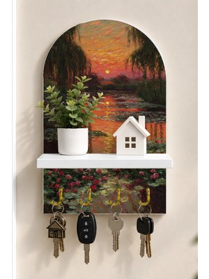 Soprano Gün Batımında Çiçekli Nehir Temalı Raflı 4 Kancalı Duvar Anahtarlığı, 35 x 20 Cm, Mdf