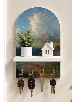 Soprano Denizde Yelkenli Gemi ve Dağlar Temalı Raflı 4 Kancalı Duvar Anahtarlığı, 35 x 20 Cm, Mdf