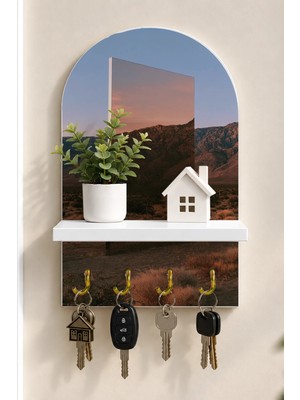 Soprano Çölde Aynalı Anıt Temalı Raflı 4 Kancalı Duvar Anahtarlığı, 35 x 20 Cm, Mdf
