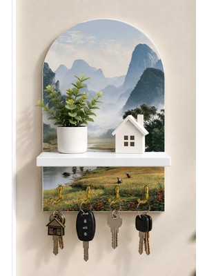 Soprano Sisli Dağ Vadisi Temalı Raflı 4 Kancalı Duvar Anahtarlığı, 35 x 20 Cm, Mdf