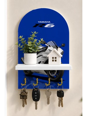 Soprano Mavi Fonlu Beyaz Spor Motosikleti Temalı Raflı 4 Kancalı Duvar Anahtarlığı, 35 x 20 Cm, Mdf
