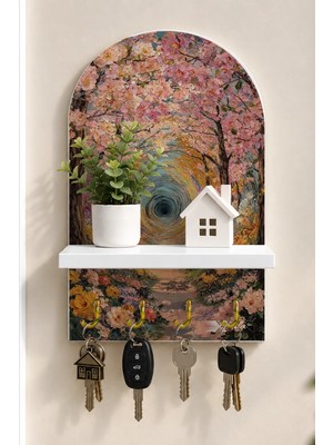 Soprano Pembe Çiçekli Orman Tüneli Temalı Raflı 4 Kancalı Duvar Anahtarlığı, 35 x 20 Cm, Mdf