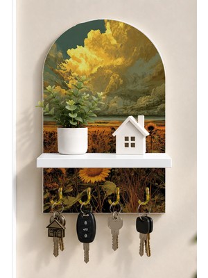Onyx Lab Onyxlab Altın Bulutlar Altında Ayçiçeği Tarlası Temalı Raflı 4 Kancalı Duvar Anahtarlığı, 35 x 20 Cm, Mdf