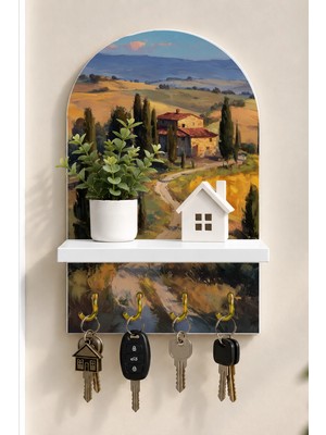 Soprano Toskana Tepelerinde Kır Yolu Temalı Raflı 4 Kancalı Duvar Anahtarlığı, 35 x 20 Cm, Mdf