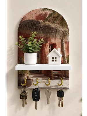 Soprano Rustik Kapılı Palmiye Evi Temalı Raflı 4 Kancalı Duvar Anahtarlığı, 35 x 20 Cm, Mdf