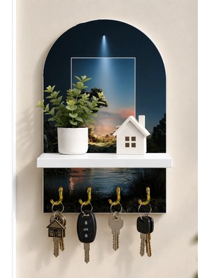 Soprano Çerçeve Içinde Sürreal Manzara Temalı Raflı 4 Kancalı Duvar Anahtarlığı, 35 x 20 Cm, Mdf