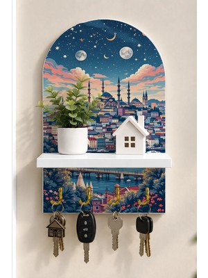 Soprano Istanbul Üzerinde Ay Temalı Raflı 4 Kancalı Duvar Anahtarlığı, 35 x 20 Cm, Mdf