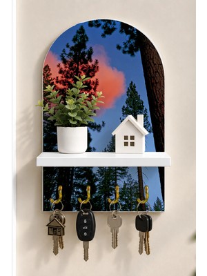 Soprano Yıldızlı Gün Batımında Çamlar Temalı Raflı 4 Kancalı Duvar Anahtarlığı, 35 x 20 Cm, Mdf