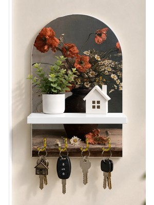 Soprano Koyu Vazoda Sonbahar Çiçekleri Temalı Raflı 4 Kancalı Duvar Anahtarlığı, 35 x 20 Cm, Mdf
