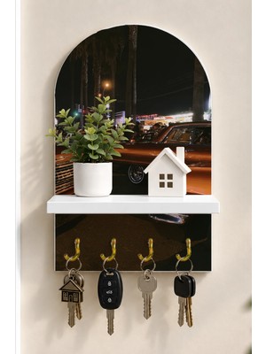 Onyx Lab Onyxlab Gece Sokağında Klasik Otomobiller Temalı Raflı 4 Kancalı Duvar Anahtarlığı, 35 x 20 Cm, Mdf
