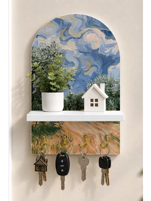 Soprano Van Gogh Zeytinliği Temalı Raflı 4 Kancalı Duvar Anahtarlığı, 35 x 20 Cm, Mdf