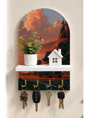 Soprano Deniz Feneri ve Kırmızı Minibüs Temalı Raflı 4 Kancalı Duvar Anahtarlığı, 35 x 20 Cm, Mdf