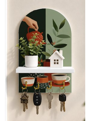 Onyx Lab Onyxlab Çaydanlık ve Bitkiler Temalı Raflı 4 Kancalı Duvar Anahtarlığı, 35 x 20 Cm, Mdf