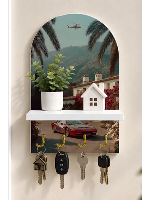 Onyx Lab Onyxlab Kıyı Yolunda Klasik Spor Otomobil Temalı Raflı 4 Kancalı Duvar Anahtarlığı, 35 x 20 Cm, Mdf
