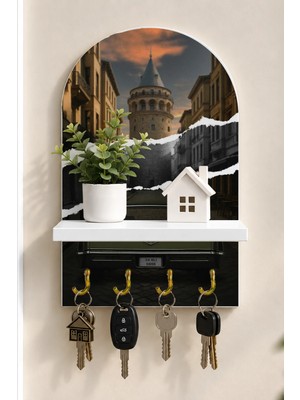 Soprano Galata Kulesi ve Klasik Otomobil Temalı Raflı 4 Kancalı Duvar Anahtarlığı, 35 x 20 Cm, Mdf