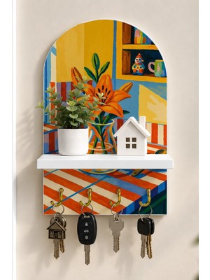 Soprano Turuncu Zambaklı Renkli Mutfak Temalı Raflı 4 Kancalı Duvar Anahtarlığı, 35 x 20 Cm, Mdf