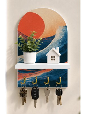 Onyx Lab Onyxlab Mavi Dalga ve Turuncu Güneş Temalı Raflı 4 Kancalı Duvar Anahtarlığı, 35 x 20 Cm, Mdf