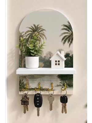 Soprano Palmiye Vahası Temalı Raflı 4 Kancalı Duvar Anahtarlığı, 35 x 20 Cm, Mdf