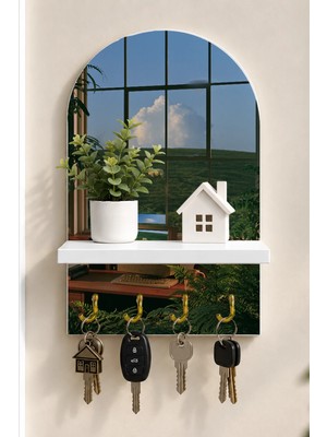 Soprano Pencereden Çiçekli Kır Temalı Raflı 4 Kancalı Duvar Anahtarlığı, 35 x 20 Cm, Mdf