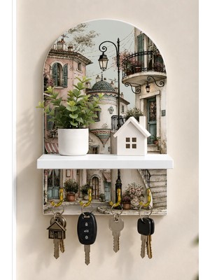 Soprano Rustik Italyan Kasabası Temalı Raflı 4 Kancalı Duvar Anahtarlığı, 35 x 20 Cm, Mdf