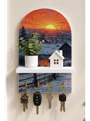 Soprano Karlı Köyde Gün Batımı Temalı Raflı 4 Kancalı Duvar Anahtarlığı, 35 x 20 Cm, Mdf