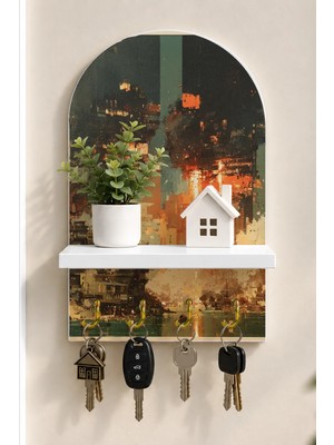 Soprano Soyut Şehir Işıkları Temalı Raflı 4 Kancalı Duvar Anahtarlığı, 35 x 20 Cm, Mdf