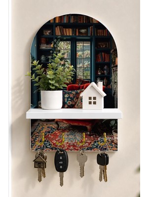 Onyx Lab Onyxlab Kitaplıklı Oda ve Kırmızı Koltuk Temalı Raflı 4 Kancalı Duvar Anahtarlığı, 35 x 20 Cm, Mdf