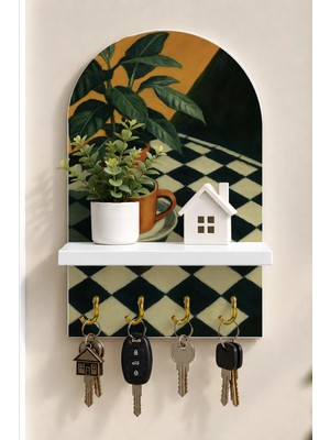 Soprano Kareli Zeminde Bitki ve Kahve Temalı Raflı 4 Kancalı Duvar Anahtarlığı, 35 x 20 Cm, Mdf