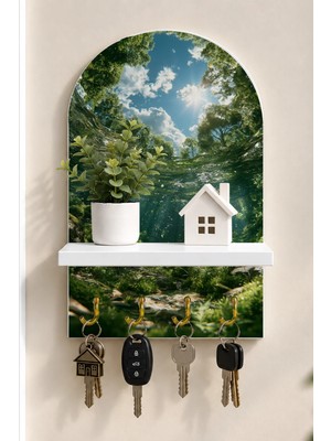 Soprano Güneşli Orman Nehri Temalı Raflı 4 Kancalı Duvar Anahtarlığı, 35 x 20 Cm, Mdf