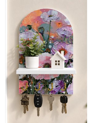 Soprano Pembe Gelincikler Temalı Raflı 4 Kancalı Duvar Anahtarlığı, 35 x 20 Cm, Mdf