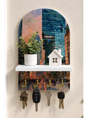 Onyx Lab Onyxlab Renkli Şehir Gökdelenleri Temalı Raflı 4 Kancalı Duvar Anahtarlığı, 35 x 20 Cm, Mdf