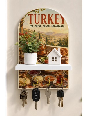 Soprano Türkiye Kahvaltı Sofrası Temalı Raflı 4 Kancalı Duvar Anahtarlığı, 35 x 20 Cm, Mdf