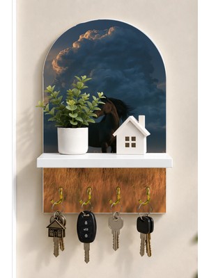 Onyx Lab Onyxlab Fırtınada Bozkır Atı Temalı Raflı 4 Kancalı Duvar Anahtarlığı, 35 x 20 Cm, Mdf