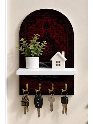 Soprano Desenli Halıda Siyah Spor Otomobil Temalı Raflı 4 Kancalı Duvar Anahtarlığı, 35 x 20 Cm, Mdf