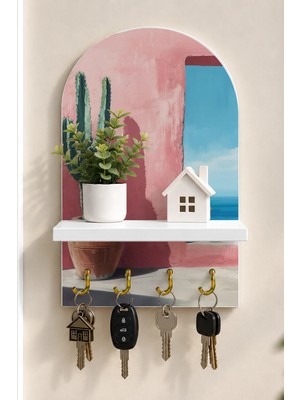 Soprano Pembe Duvar Önünde Kaktüs Temalı Raflı 4 Kancalı Duvar Anahtarlığı, 35 x 20 Cm, Mdf