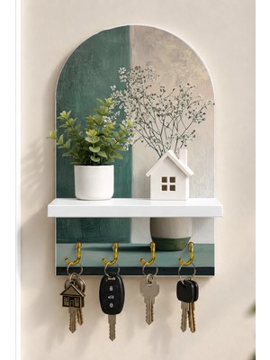 Soprano Beyaz Vazoda Çiçekli Dal Temalı Raflı 4 Kancalı Duvar Anahtarlığı, 35 x 20 Cm, Mdf