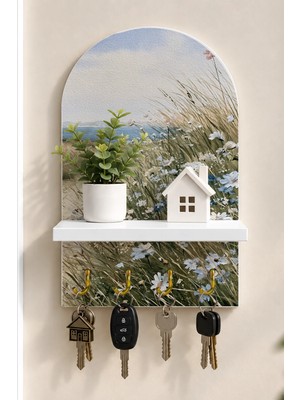 Soprano Kıyı Kumullarında Çiçekler Temalı Raflı 4 Kancalı Duvar Anahtarlığı, 35 x 20 Cm, Mdf