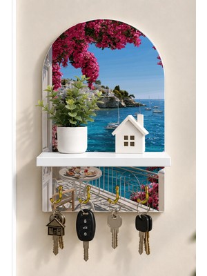 Soprano Akdeniz Balkonunda Begonviller Temalı Raflı 4 Kancalı Duvar Anahtarlığı, 35 x 20 Cm, Mdf