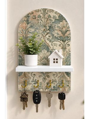 Soprano Vintage Çiçek Deseni Temalı Raflı 4 Kancalı Duvar Anahtarlığı, 35 x 20 Cm, Mdf