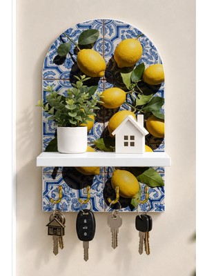 Soprano Çinili Zeminde Limonlar Temalı Raflı 4 Kancalı Duvar Anahtarlığı, 35 x 20 Cm, Mdf