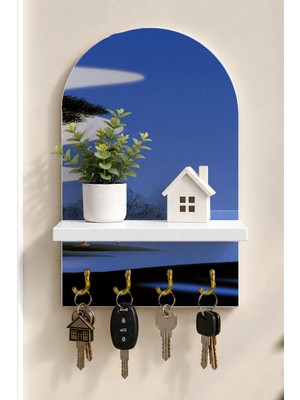 Onyx Lab Onyxlab Mavi Göl ve Beyaz Yelkenli Temalı Raflı 4 Kancalı Duvar Anahtarlığı, 35 x 20 Cm, Mdf
