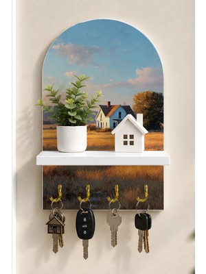 Soprano Kır Evinde At ve Altın Tarlalar Temalı Raflı 4 Kancalı Duvar Anahtarlığı, 35 x 20 Cm, Mdf