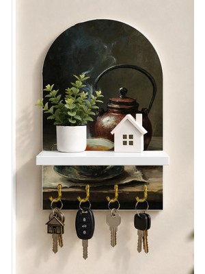 Soprano Demlik ve Kahve Fincanı Temalı Raflı 4 Kancalı Duvar Anahtarlığı, 35 x 20 Cm, Mdf