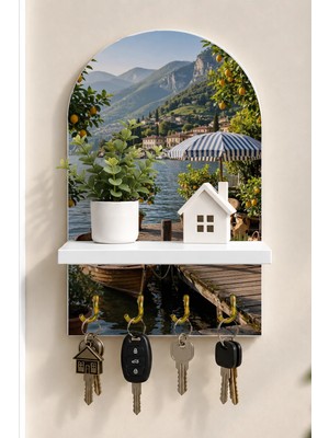 Onyx Lab Onyxlab Göl Kenarında Ahşap Iskele Temalı Raflı 4 Kancalı Duvar Anahtarlığı, 35 x 20 Cm, Mdf
